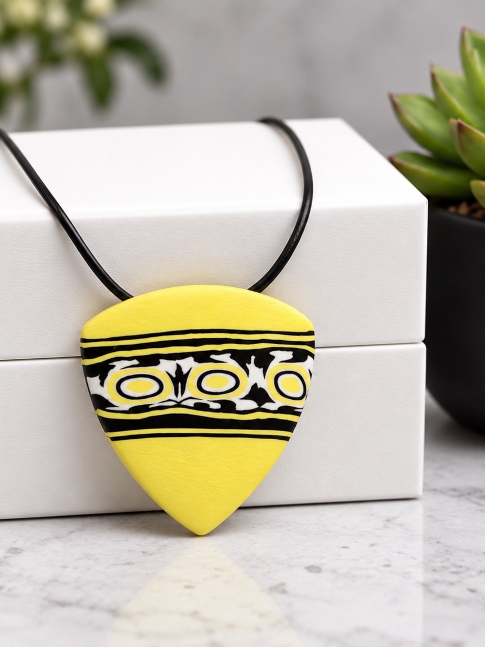 Yellow Black & White Graphic Print Handmade Polymer Clay Pendant Necklace